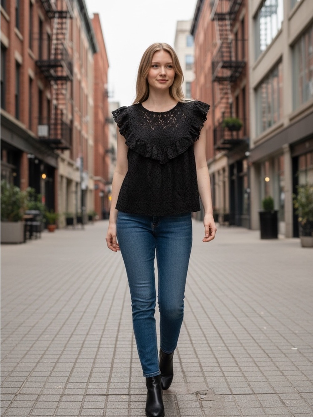 Evereve Black Lace Ruffle Sleevelet Blouse